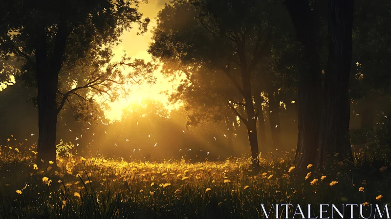 Golden sunrise light flooding wildflower forest clearing.