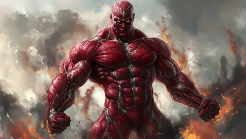 Towering muscle titan strides forward through roaring fire