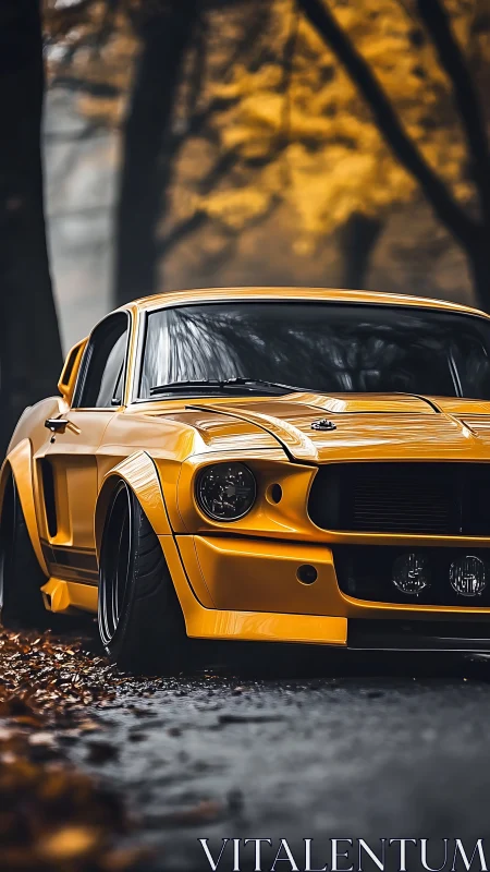 Low-slung yellow muscle car on moody autumn forest road.