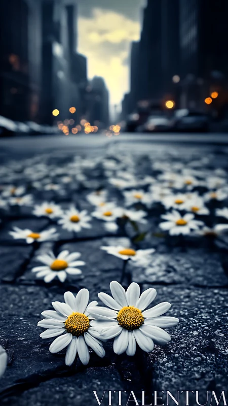 Urban cobblestones blossoming with sharp daisy foregrounds.