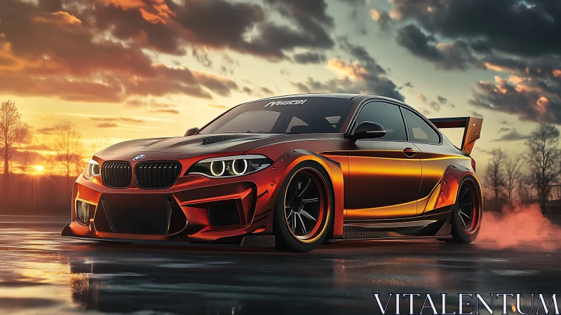 Lowered orange BMW tuner car burns out at neon sunset