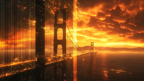 Suspension bridge with digital light grid at sunset scene.