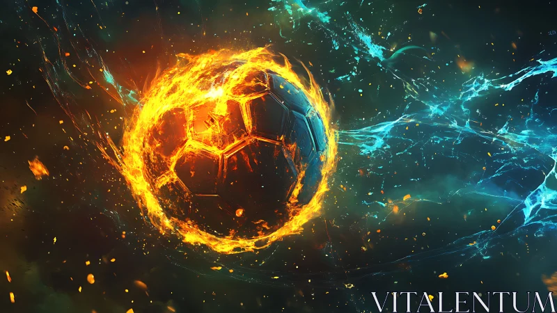Fiery soccer ball intersecting blue energy in dark space.
