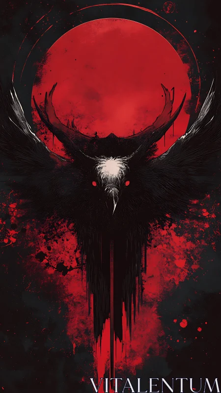Winged horned skull silhouette against large red circle.