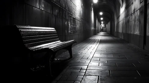Quiet night bench in a softly glowing city tunnel.