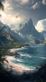 Tropical Island Paradise with Dramatic Mountain