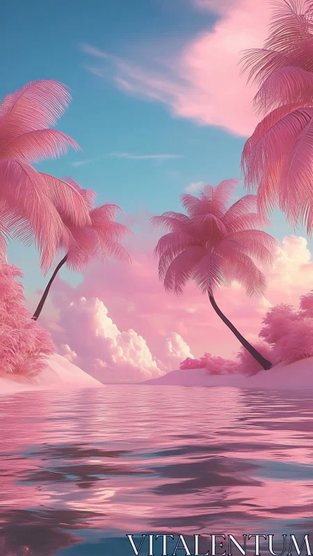 Chromatic tropical lagoon with pink palm canopy and mirrored water