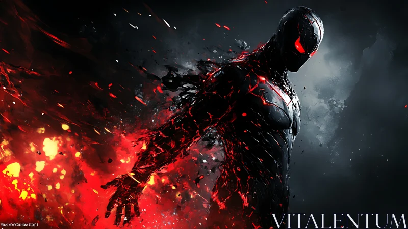 Molten armored figure emerges from explosive red inferno