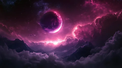 Magenta nebula sky illuminates alien mountain range and eclipsed moon