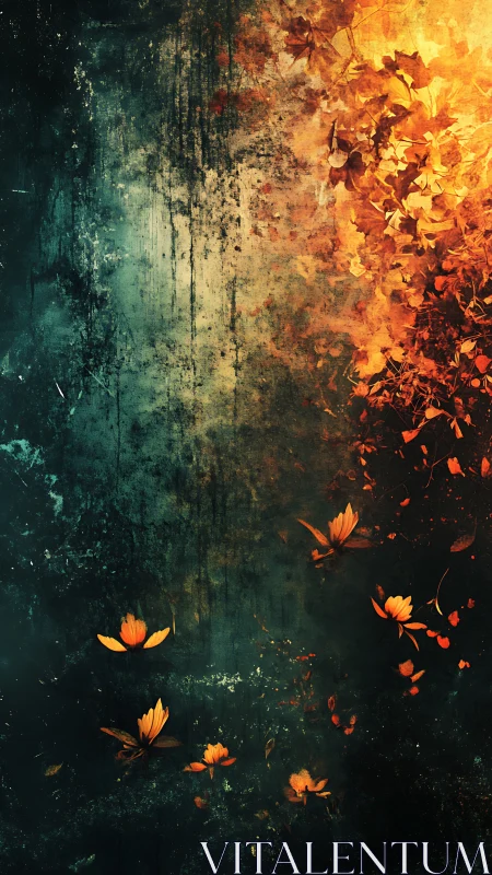 Luminescent Marigolds Emerging from Teal Grunge Substrate with Graduated Warm Intensification