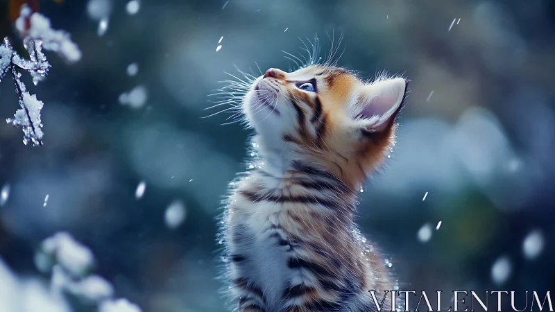 Young Kitten Gazing at Frosted Branches in Winter Snow.
