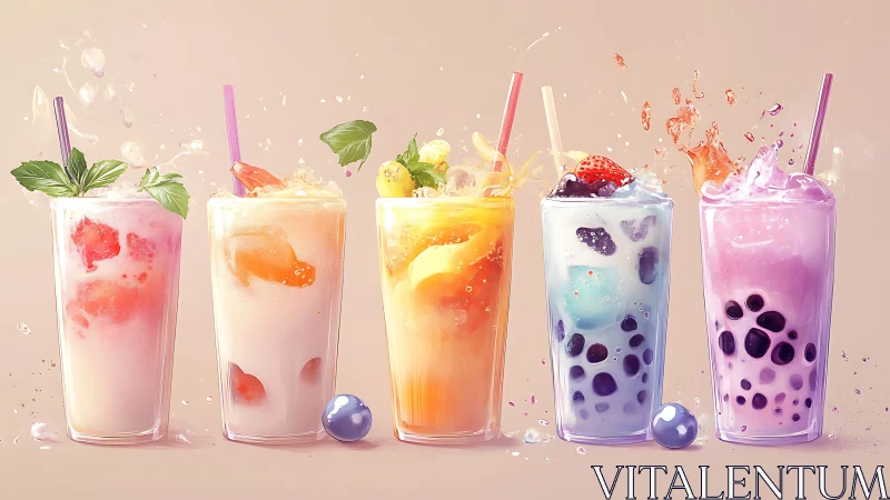 Row of five colorful fruit bubble tea drinks in glasses.