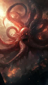 Colossal infernal tentacle demon engulfs a burning cityscape.