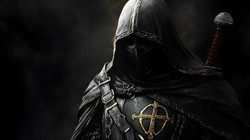 Dark hooded knight with cross emblem in smoky void.