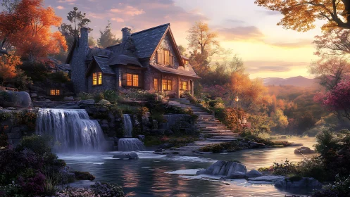 Stone cottage above river waterfall at golden sunset.