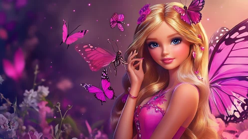 Fairy girl with magenta wings in luminous bokeh garden scene