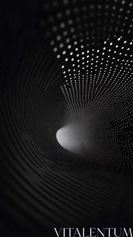 Curved tunnel of white light dots in deep black space.