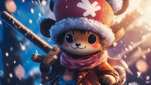 Cute winter anime creature with hat and wooden rifle.