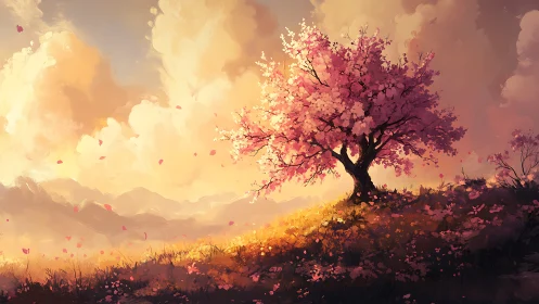 Solitary blossom tree on sunlit hillside under glowing clouds