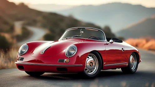 Classic red roadster gleams on winding mountain highway.