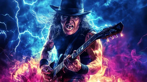 Electric rock guitarist screams through neon storm.