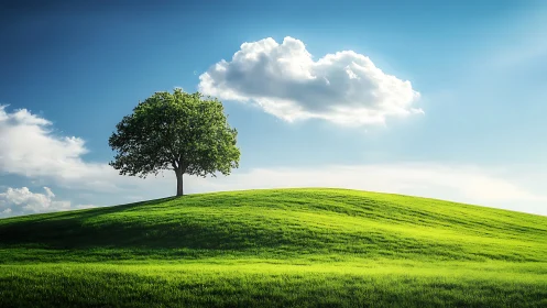 Lone tree on green hill under blue sky, realistic landscape photo.