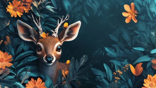 Gentle forest fawn peeking from teal leaves and marigolds.
