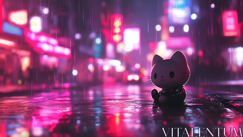 Neon rainlit street with stylized cat figurine in shallow focus.