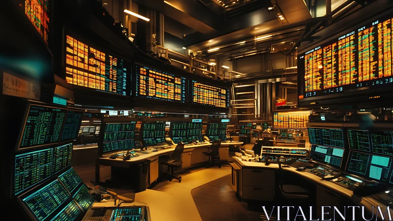 High-frequency trading command center with luminous data walls.