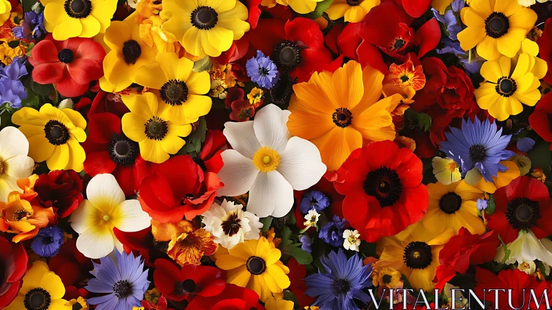 Vibrant garden blooms fill frame with layered petals in red, yellow, white, blue, and orange