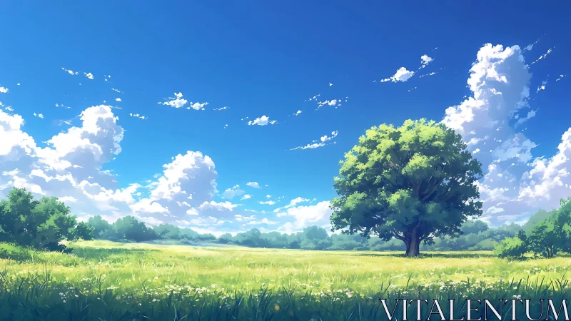 Lone oak under expansive cumulus sky in sunlit meadow.