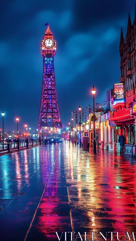 Illuminated coastal tower and wet promenade at night