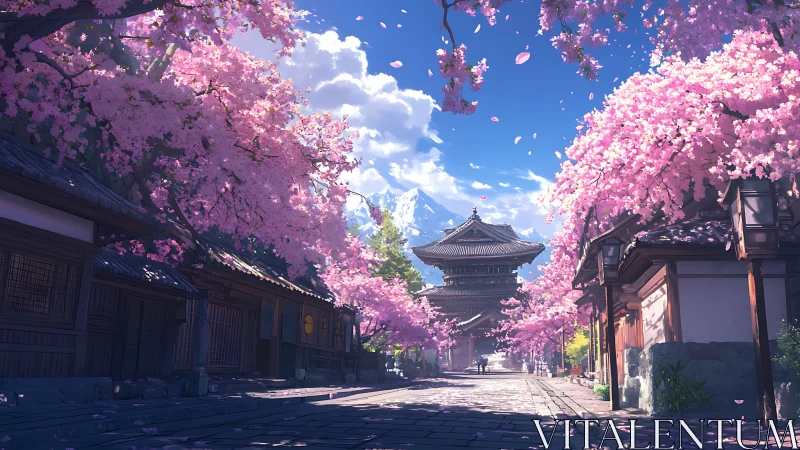Sakura-lined temple avenue with distant snow-capped summit.