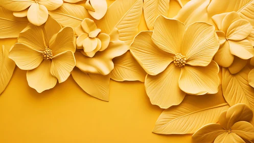 Golden Botanical Relief: Dimensionally Textured Floral Composition with Sculptural Depth.