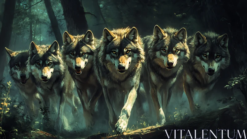 Wolf pack advancing through dense forest at dawn.