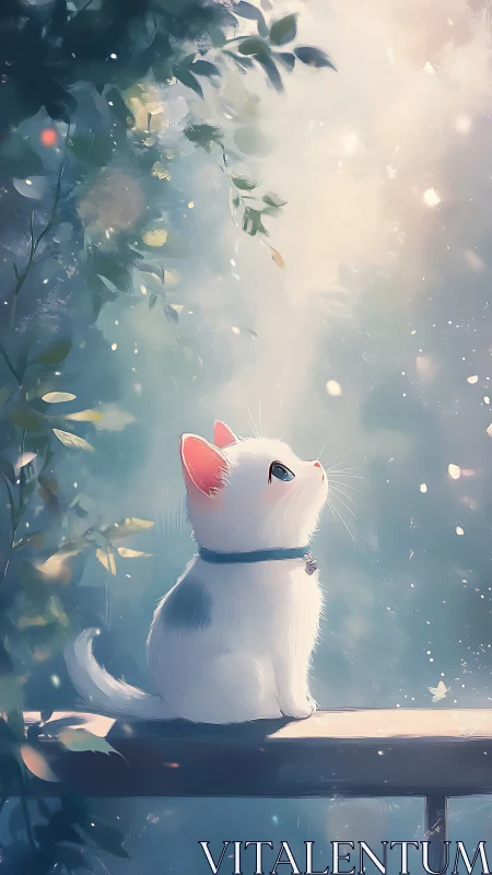 Soft morning light bathing a wistful white kitten.