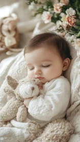 Peaceful Sleeping Baby With Stuffed Bunny Among Soft Flowers