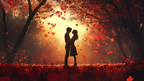 Silhouetted couple embracing beneath autumn canopy ablaze with falling hearts.