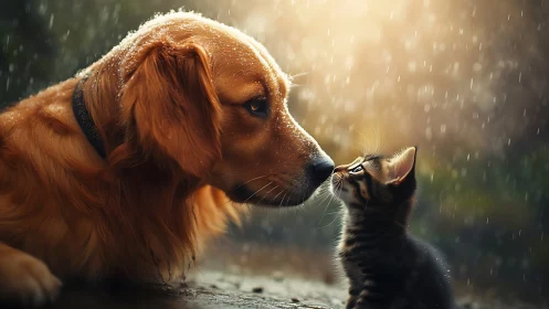 Golden Dog and Kitten Meet in Gentle Rain.