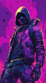 Hooded cyberpunk operative in neon magenta backlight stands armed