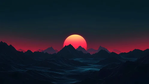Neon horizon over low-poly mountains with stylized red sun