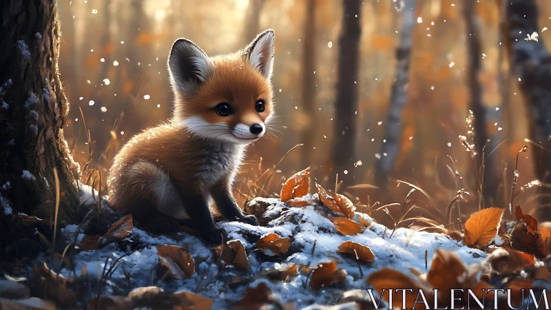 Baby fox in glowing autumn forest with first snowfall.