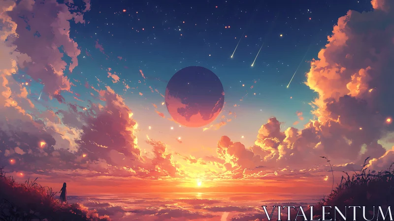 Digital landscape shows suspended planet over stratified sunset