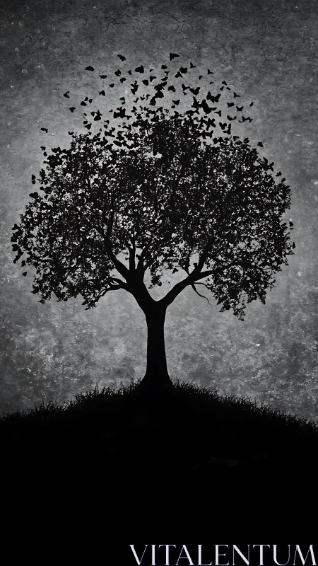 Silhouette arboreal structure dissolving into avian vectors.