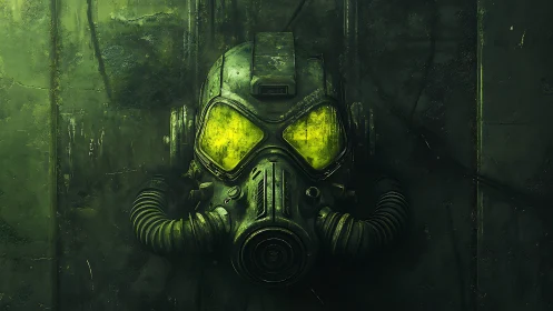 Radioactive sentinel mask glowing in industrial shadowed green.