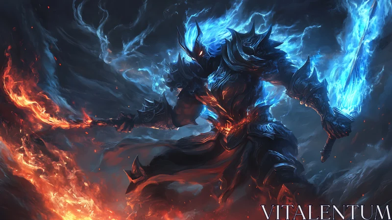 Armored elemental warrior wields dual fire and ice blades