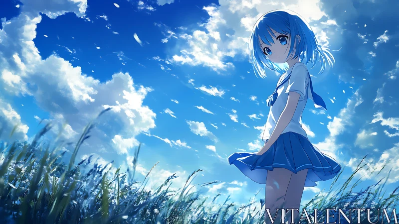 Blue haired girl stands in sunlit field under vivid sky.