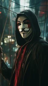 Hooded masked figure stands in dim urban environment