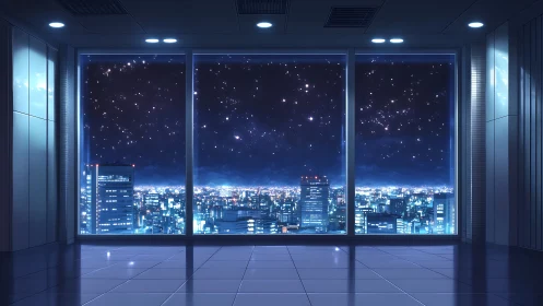 Quiet high-rise window gazing over a starlit electric city.