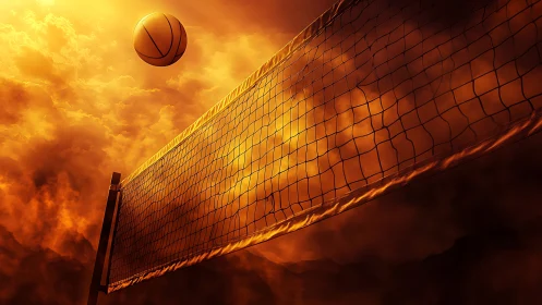 Volleyball net in dramatic sunset cloudscape motion.